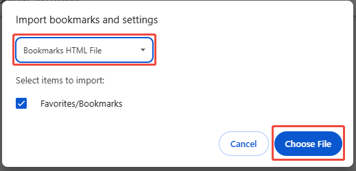 select Bookmarks HTML File and click Choose File