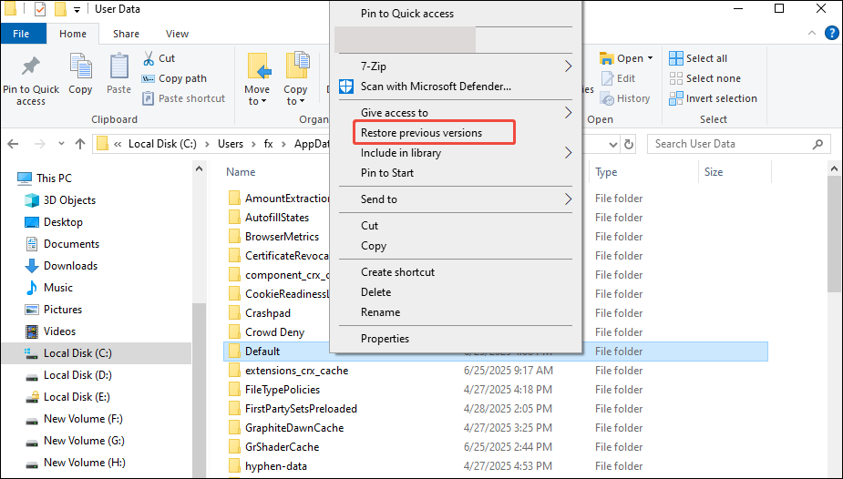 select Restore previous versions