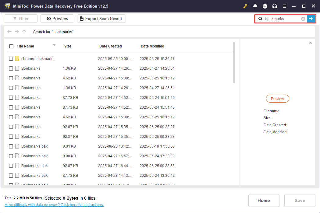 search for bookmarks in MiniTool Power Data Recovery