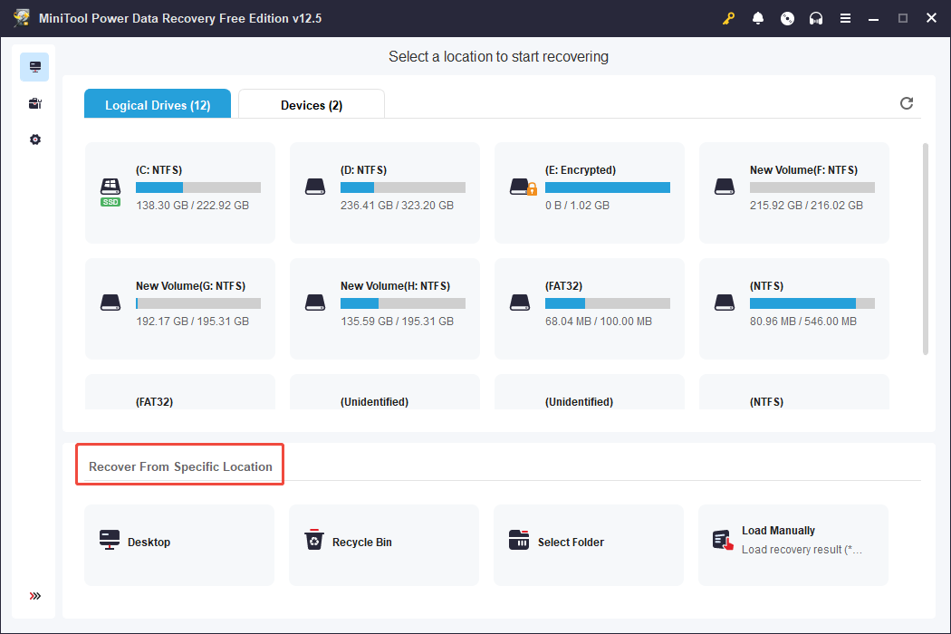 select a specific file location to scan in MiniTool Power Data Recovery