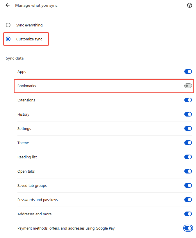 select Customize sync and turn off syncing for bookmarks