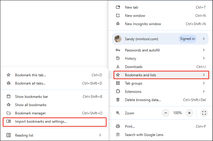 select Bookmarks and lists and then Import Bookmarks and settings