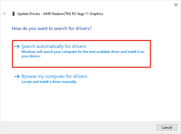 choose Search automatically for drivers to upgrade the graphics driver