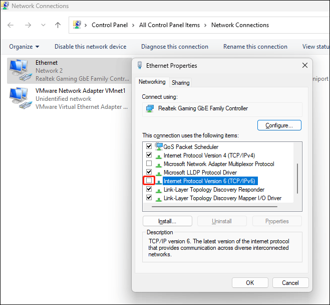 uncheck the Internet Protocol Version 6 (TCP/IPv6) option