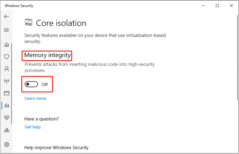 turn off Memory integrity