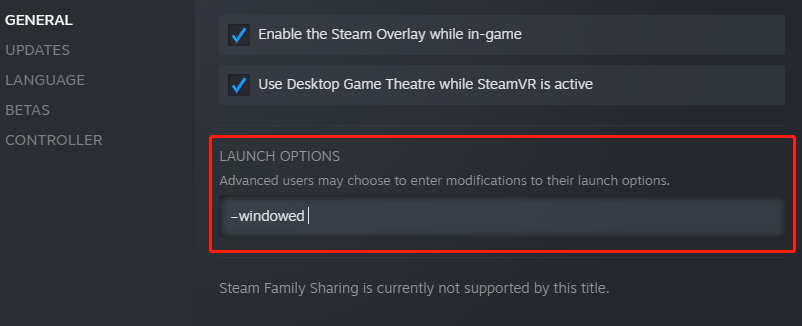 type -windowed in the Launch Options box