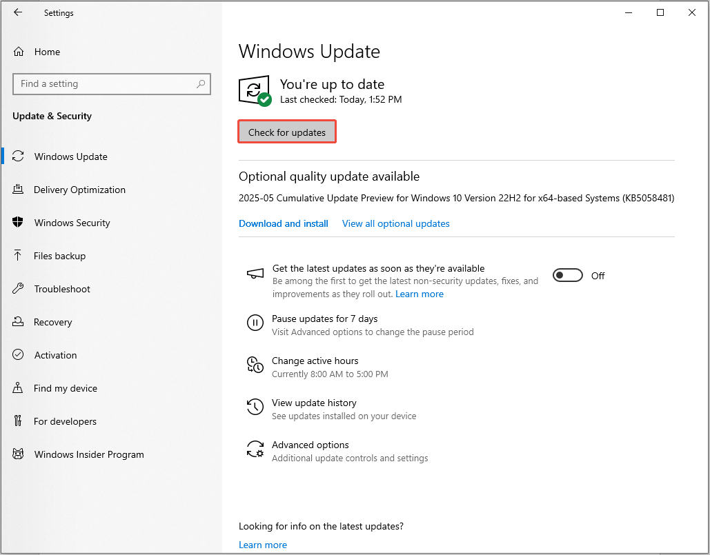 click the Check for updates button