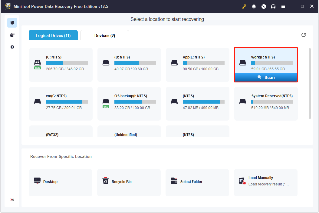 select the target partition to scan in MiniTool Power Data Recovery