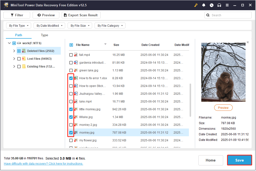 save the ticked files in MiniTool Power Data Recovery