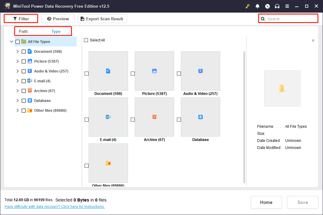 use various features to find files in MiniTool Power Data Recovery