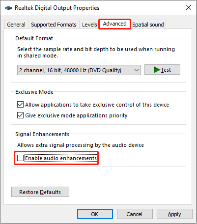 disable all the audio enhancements