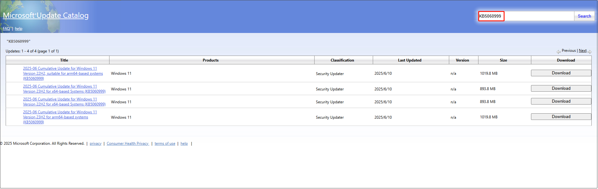 download KB5060999 from Microsoft Update Catalog