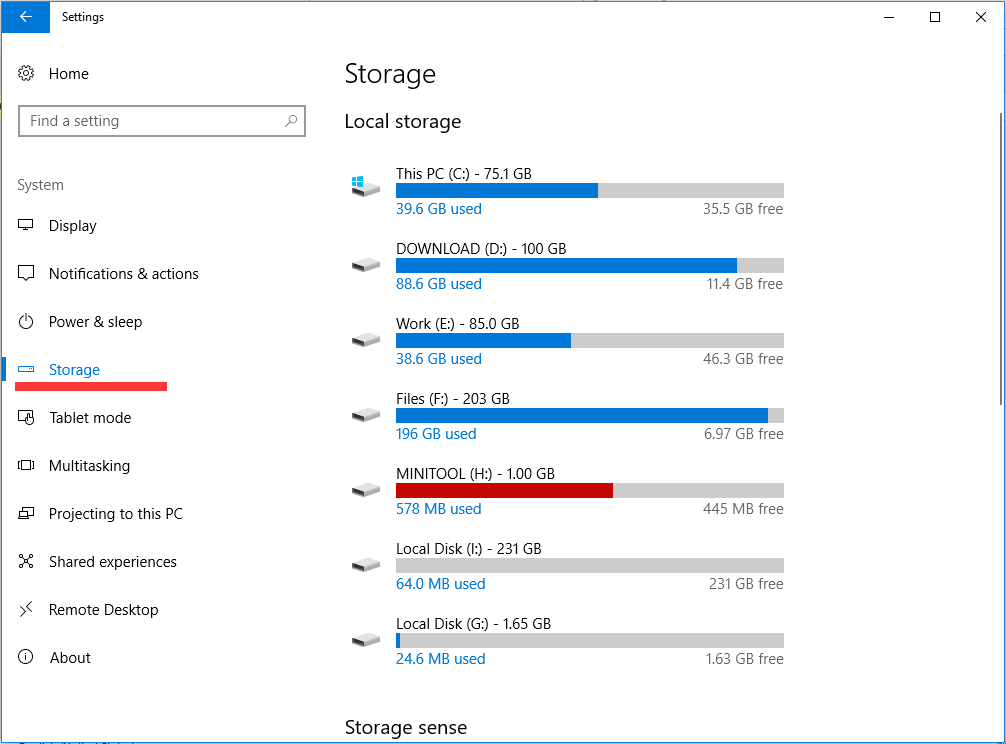 the PC storage space