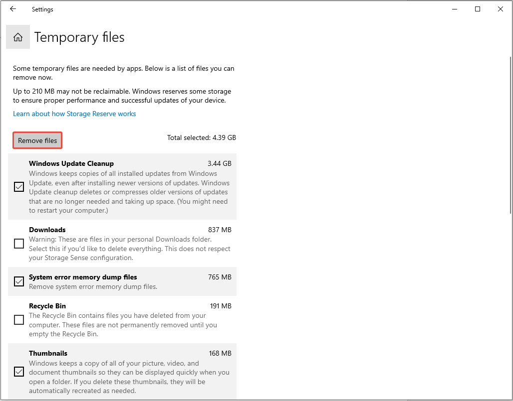 click the Remove files button