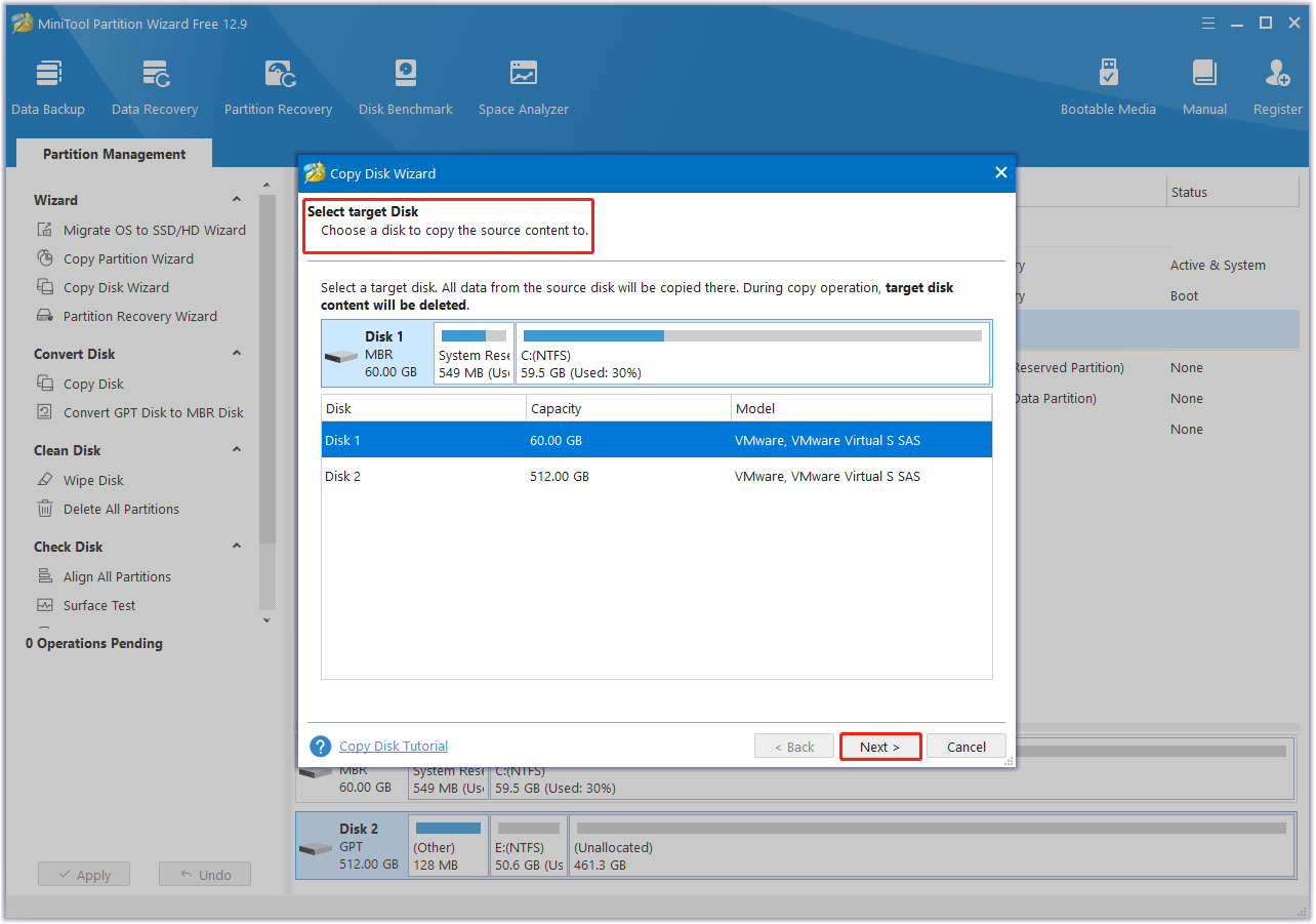 choose the target disk in MiniTool Partition Wizard
