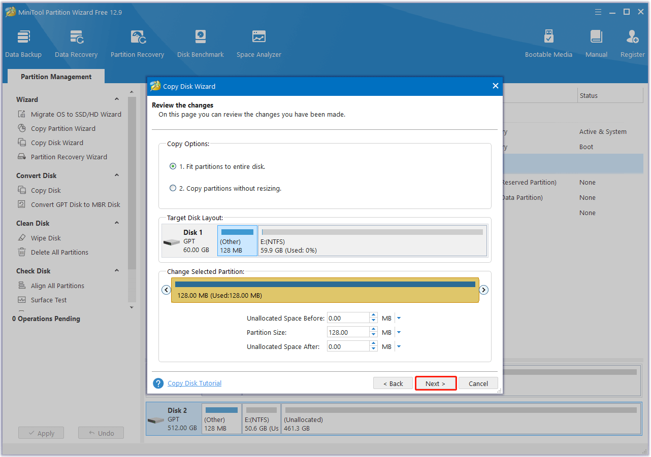 review the changes in MiniTool Partition Wizard