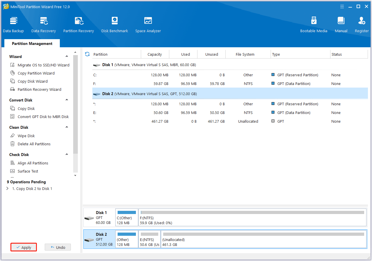 click Apply to execute the pending operation in MiniTool Partition Wizard