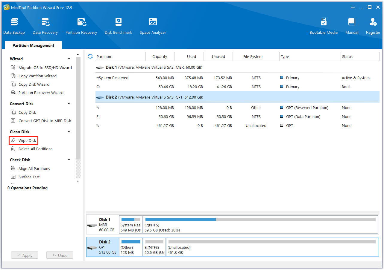 select the hard drive to wipe in MiniTool Partition Wizard