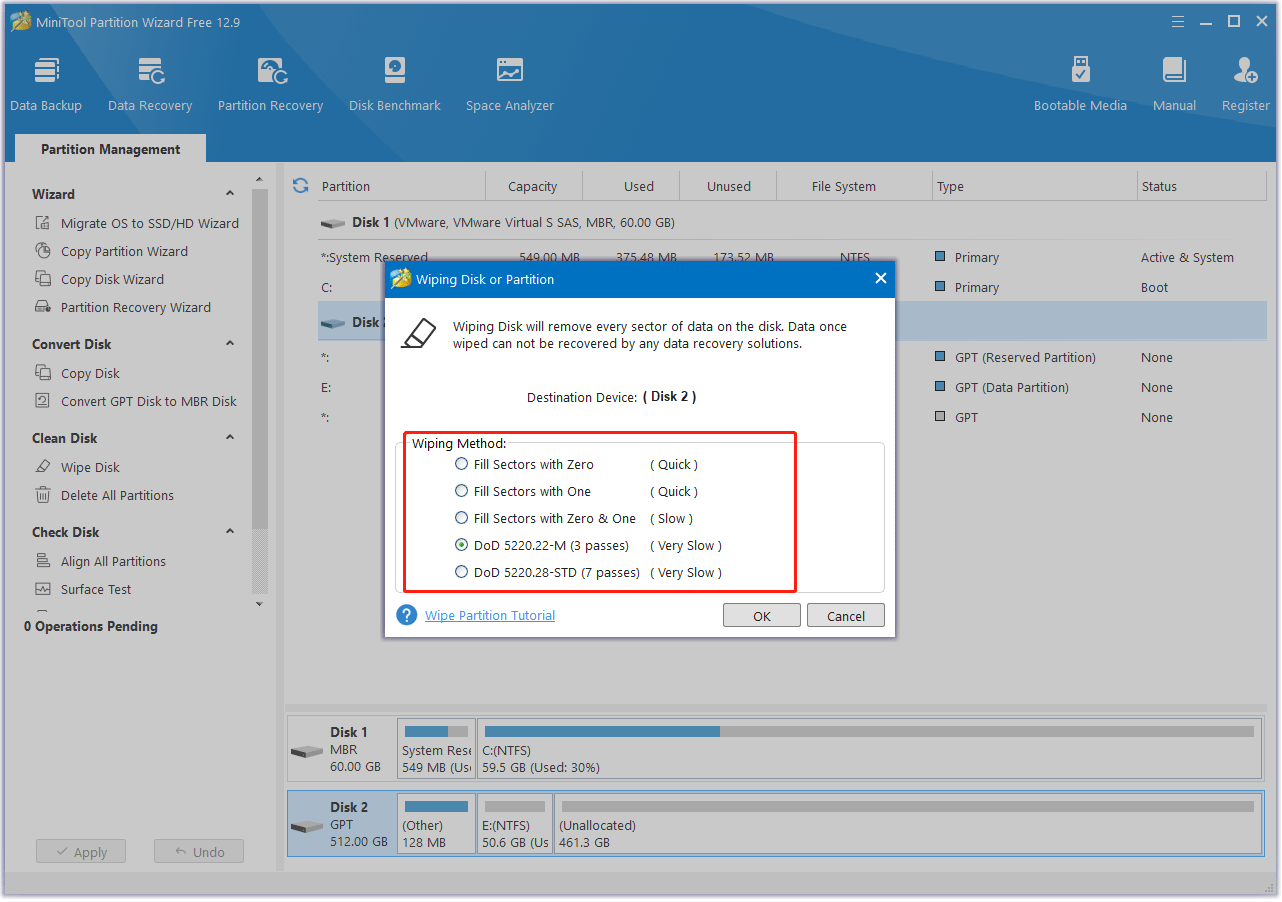choose a wiping method in MiniTool Partition Wizard