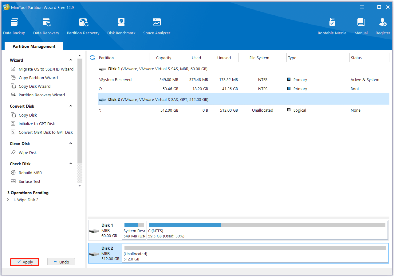 preview the wiping result in MiniTool Partition Wizard