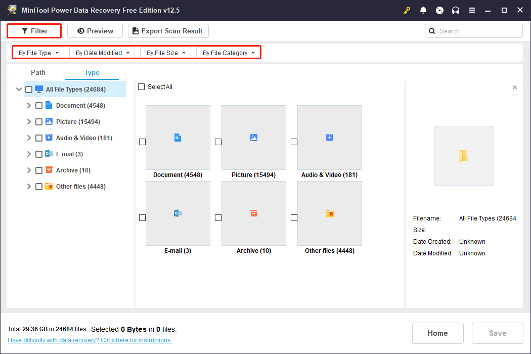 use Filter feature to locate files in MiniTool Power Data Recovery