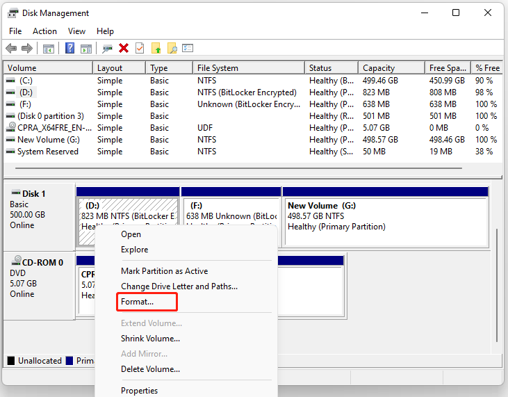 select Format in Disk Management