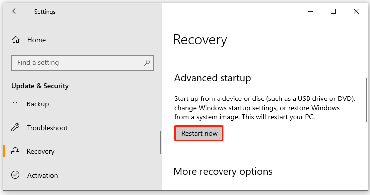 Cliquez sur « Démarrer » dans la section « Démarrage avancé »