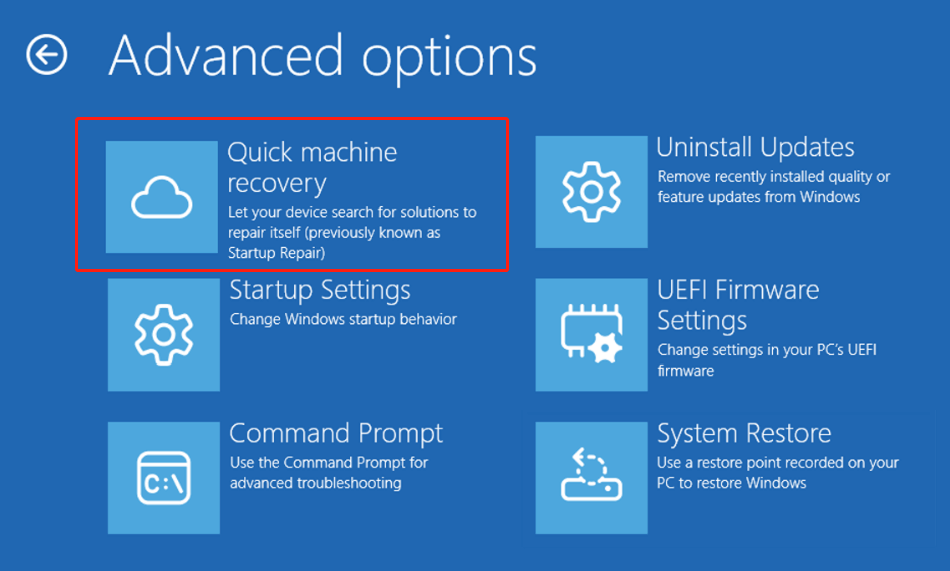Quick Machine Recovery is shown in the Advanced option menu in Windows RE