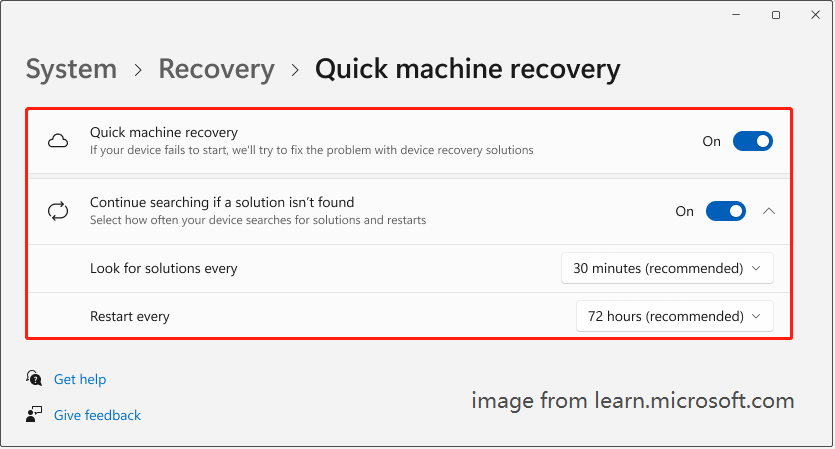 enable and configure Quick Machine Recovery in Settings
