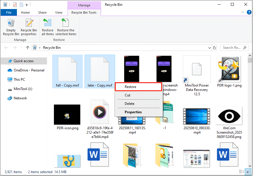 recover deleted MXF files from the Recycle Bin