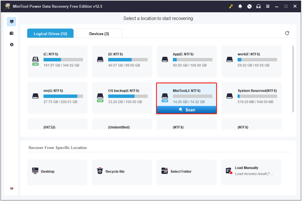 select the partition to scan in MiniTool Power Data Recovery