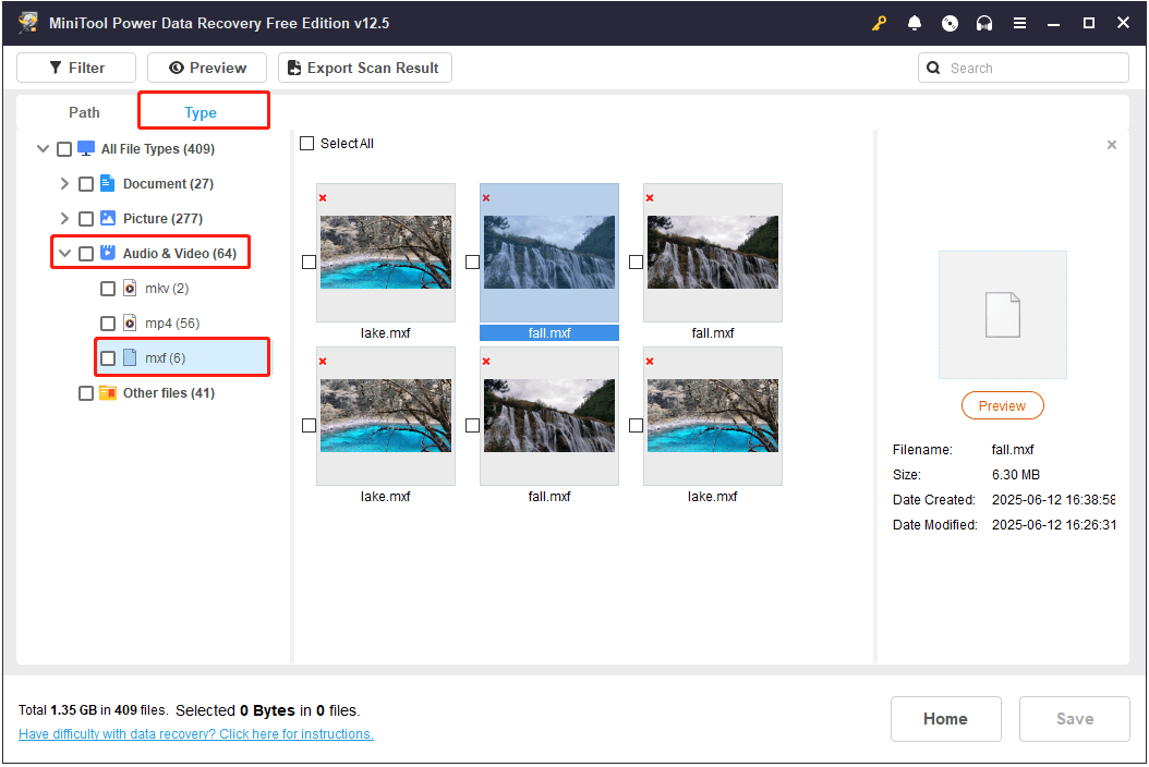 find all MXF videos under Type in MiniTool Power Data Recovery