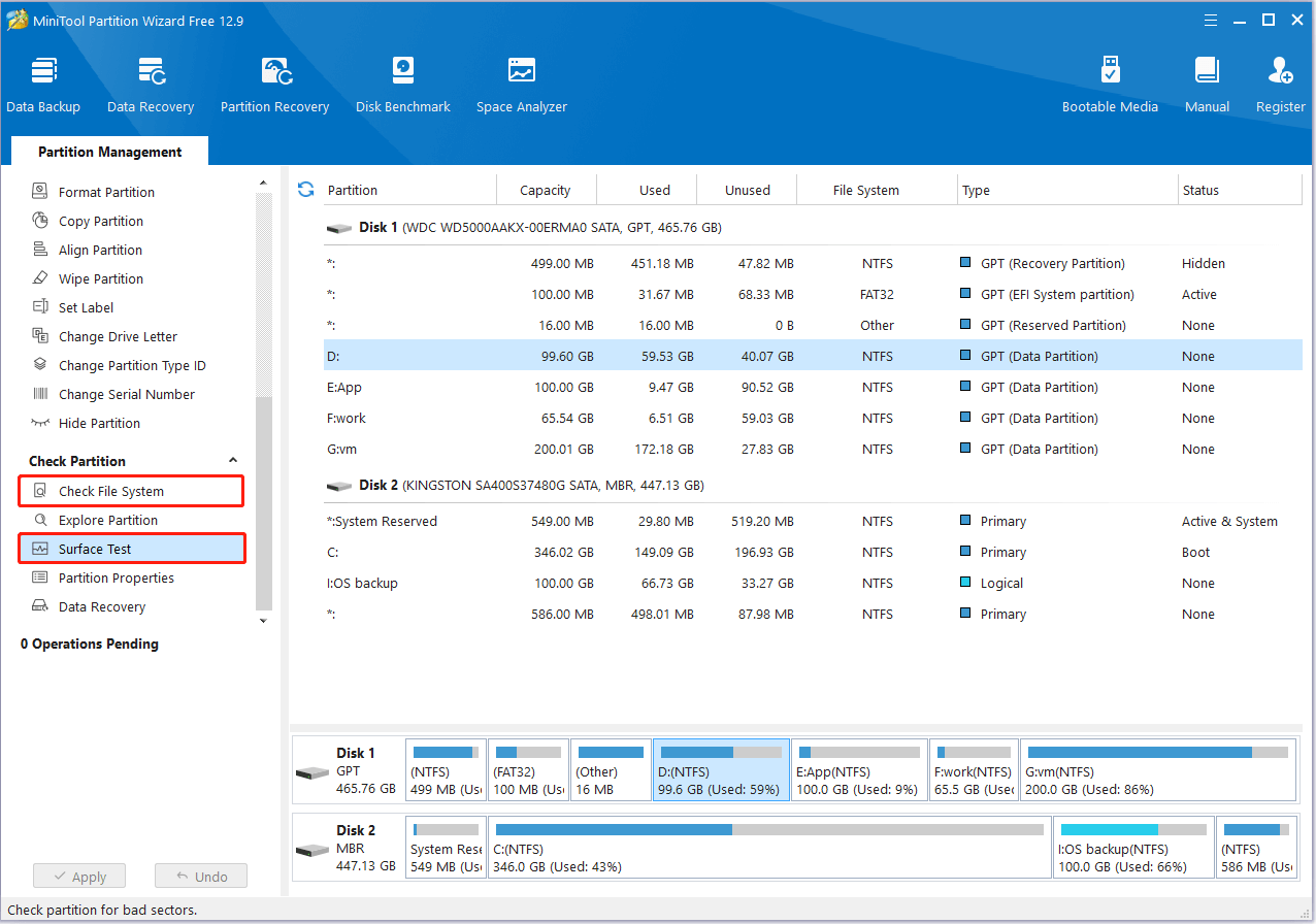 Surface Test and Check File System features in MiniTool Partition Wizard