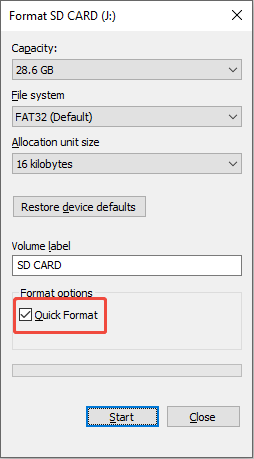 the format options on Windows