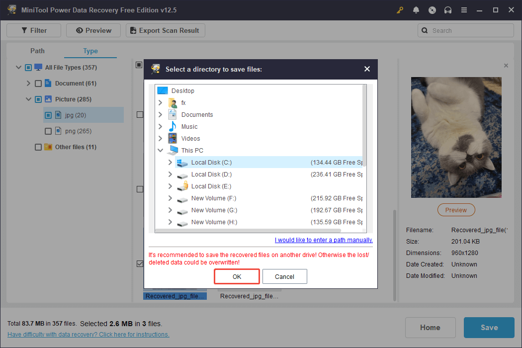 click OK to save wanted files