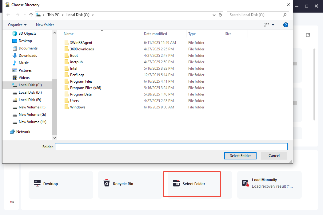 select a folder to scan in MiniTool Power Data Recovery
