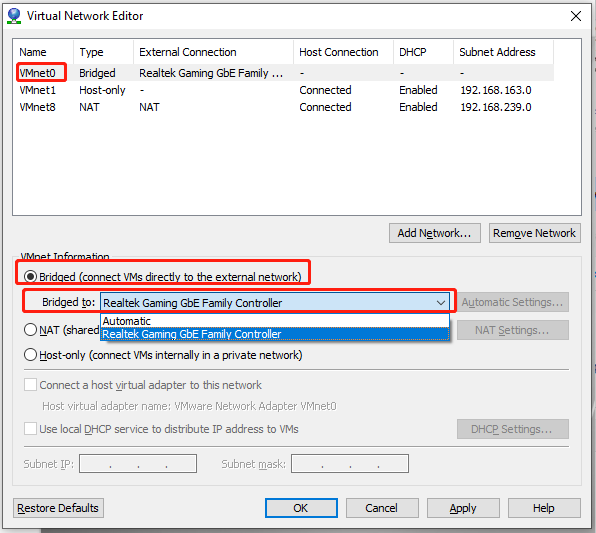 Passerelle à l’adaptateur réseau actuel