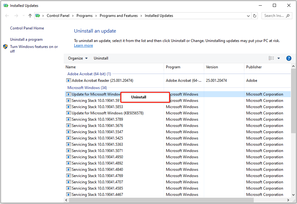 uninstall the Windows update