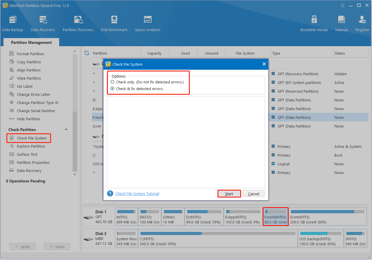 check the drive for file system issues in MiniTool Partition Wizard