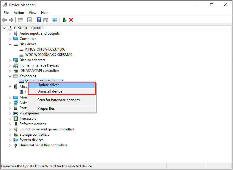 update or uninstall the driver in Device Manager