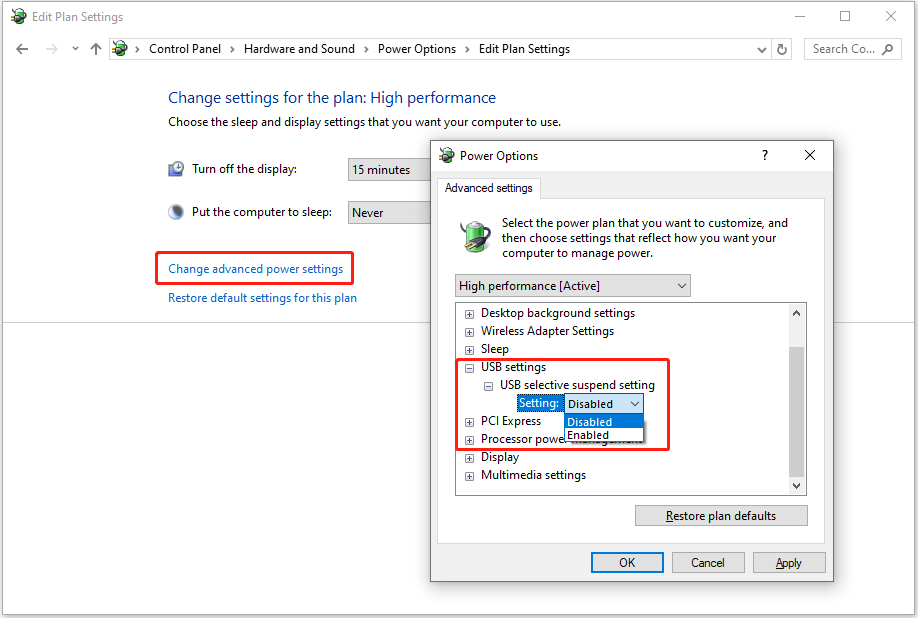 disable the USB selective suspend feature