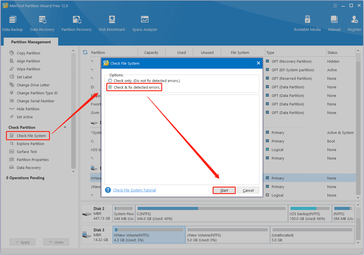check the disk for file system errors in MiniTool Partition Wizard