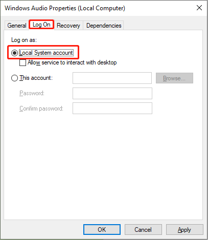 choose Local System account in Windows Services