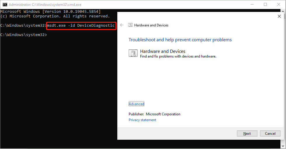 run the Hardware and Devices troubleshooter