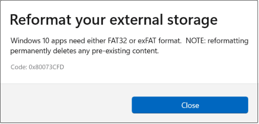 the error message of reformatting your external storage