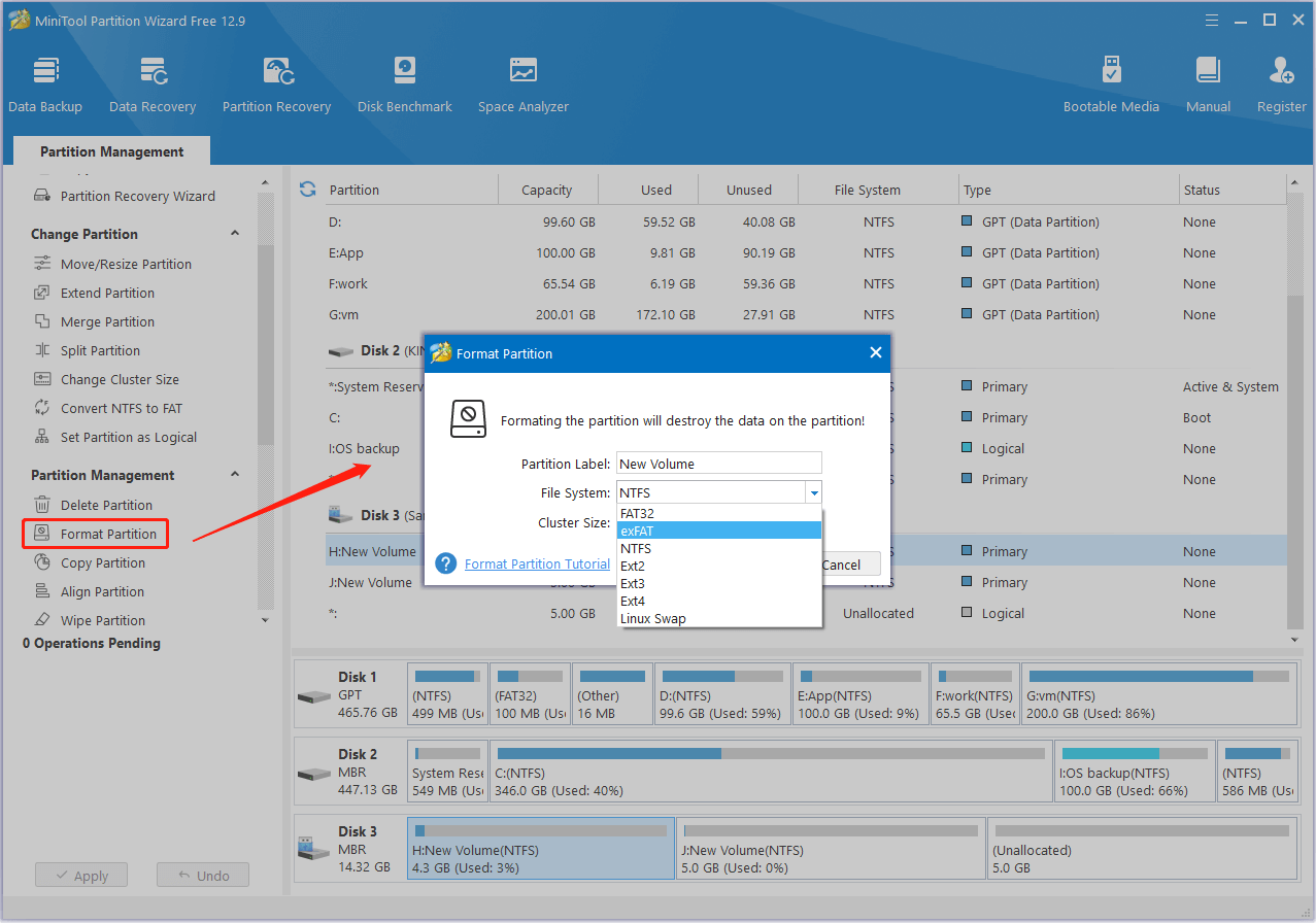 format the partition to exFAT in MiniTool Partition Wizard