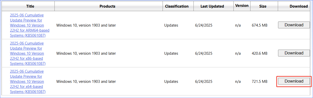 Windows 10 KB5061087 in Microsoft Update Catalog