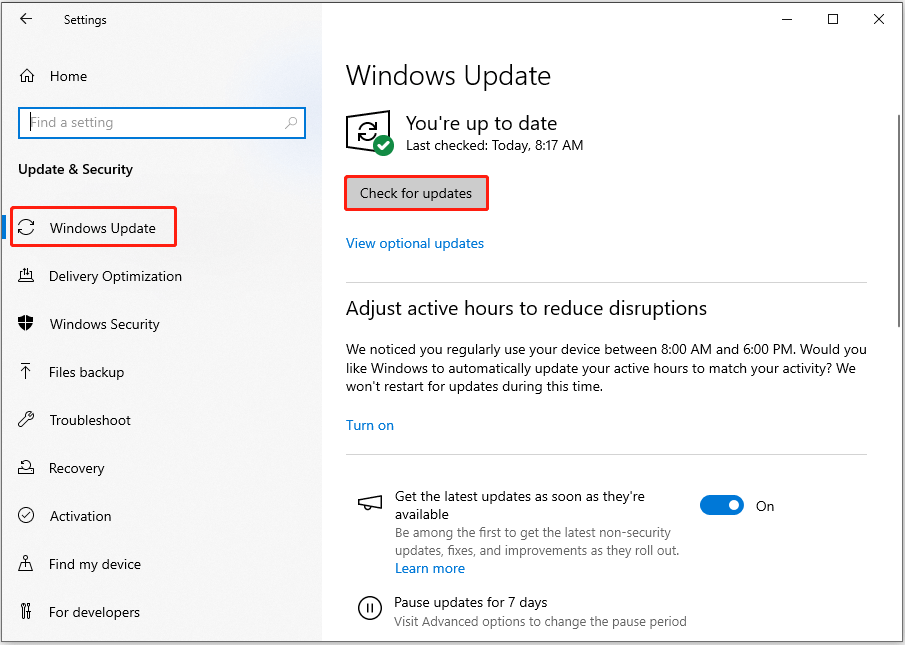 check for Windows updates in Settings