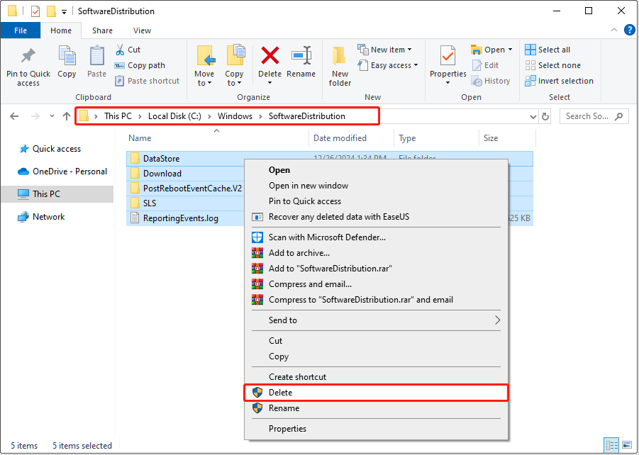 clear the files in the SoftwareDistribution folder in File Explorer