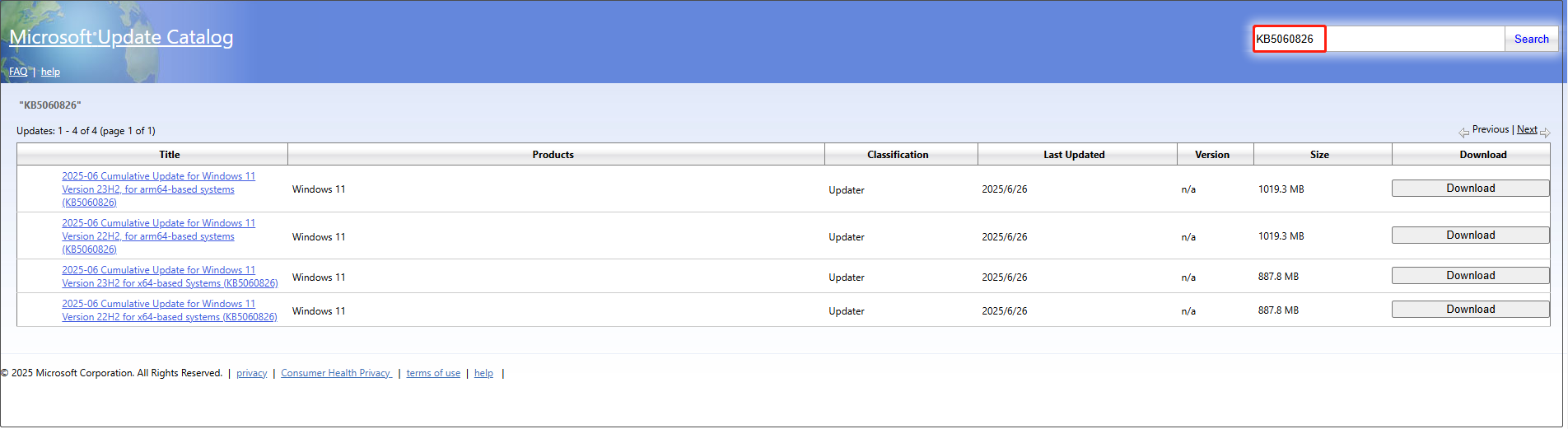download KB5060826 from Microsoft Update Catalog page